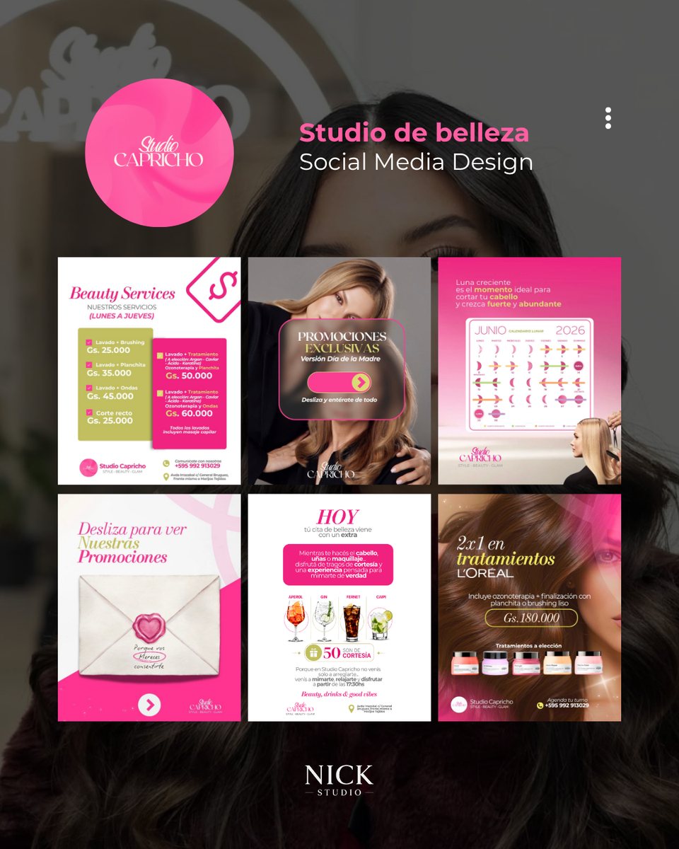 Flyers de Studio Capricho, estudio de belleza: servicios, promociones, calendario lunar y tratamientos, en tonos rosa
