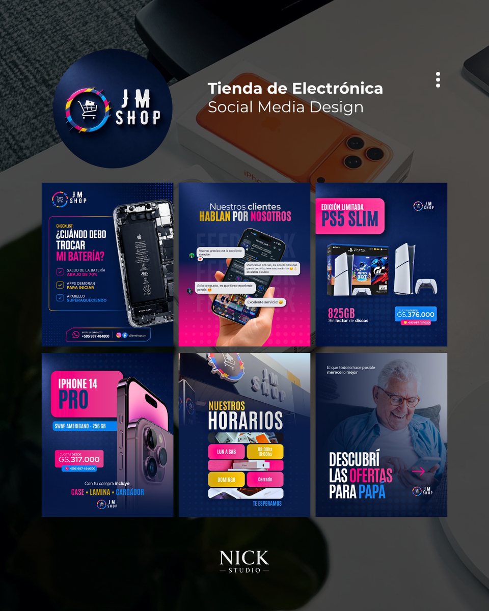 Flyers de JM Shop, tienda de electrónica: batería, PS5, iPhone 14 Pro y horarios, en azul y rosa
