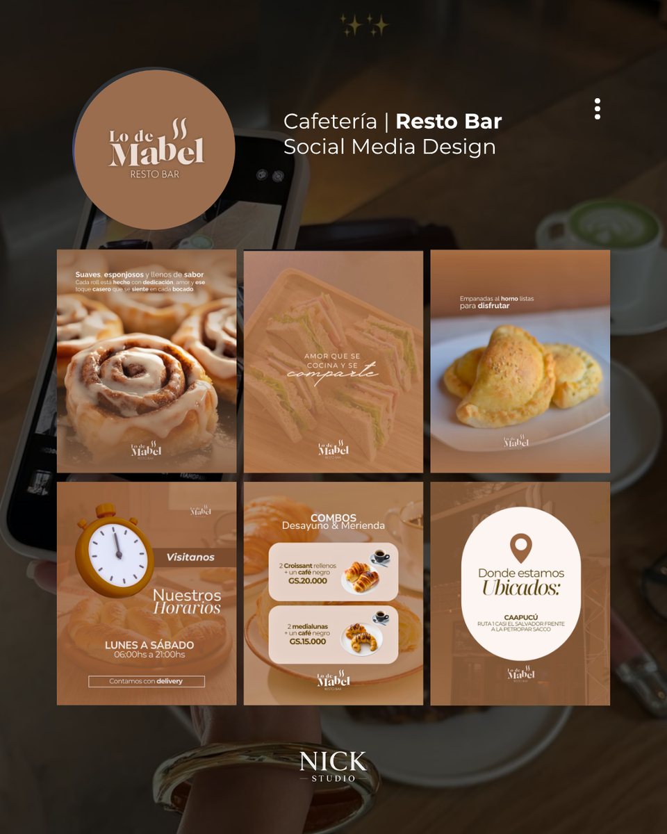 Flyers de Lo de Mabel, cafetería y resto bar: rolls, sándwiches, empanadas, combos y ubicación, en tonos caramelo